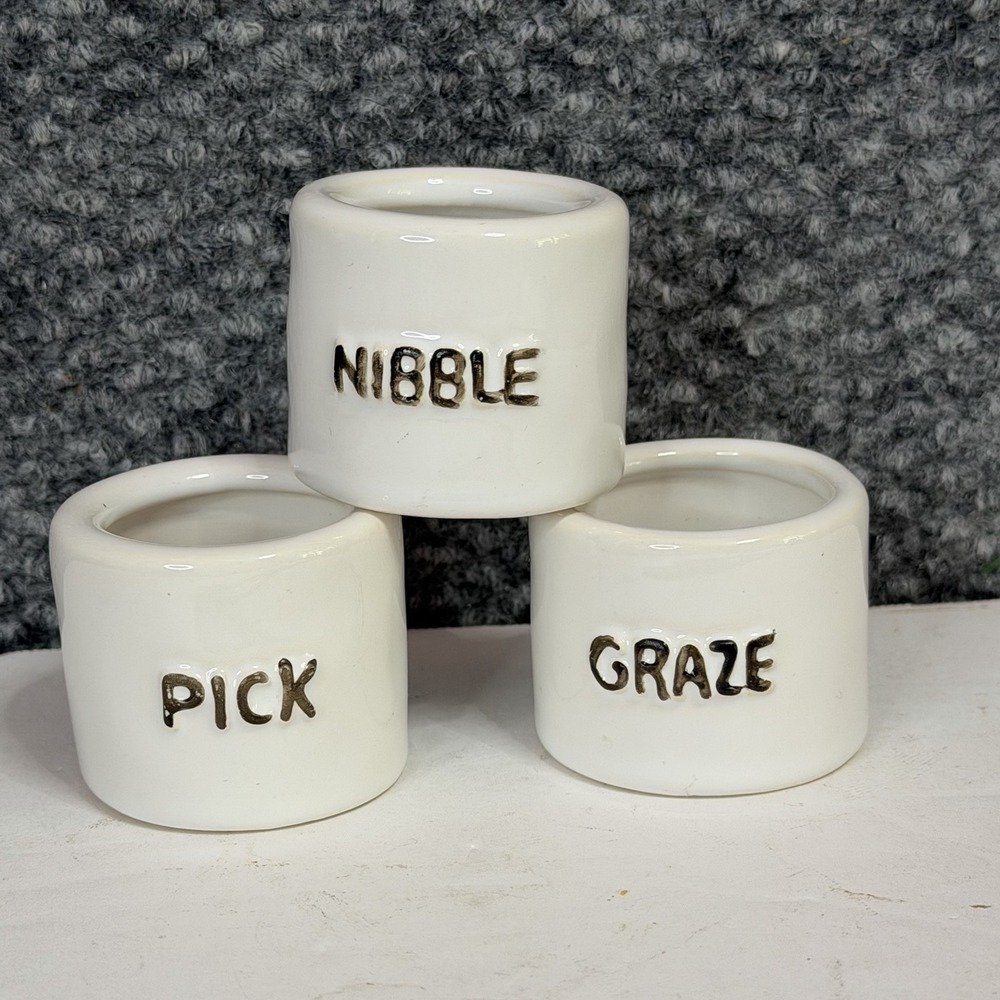 Set/ 3 Pier 1 Ceramic Napkin Rings White Stamped Thanksgiving Napkin Rings - Picture 1 of 6
